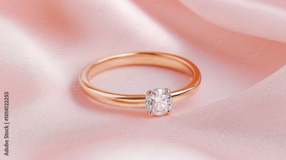 Elegant rose gold ring with a sparkling diamond on soft pink fabric background Elegant rose gold ring with a sparkling diamond on soft pink fabric background