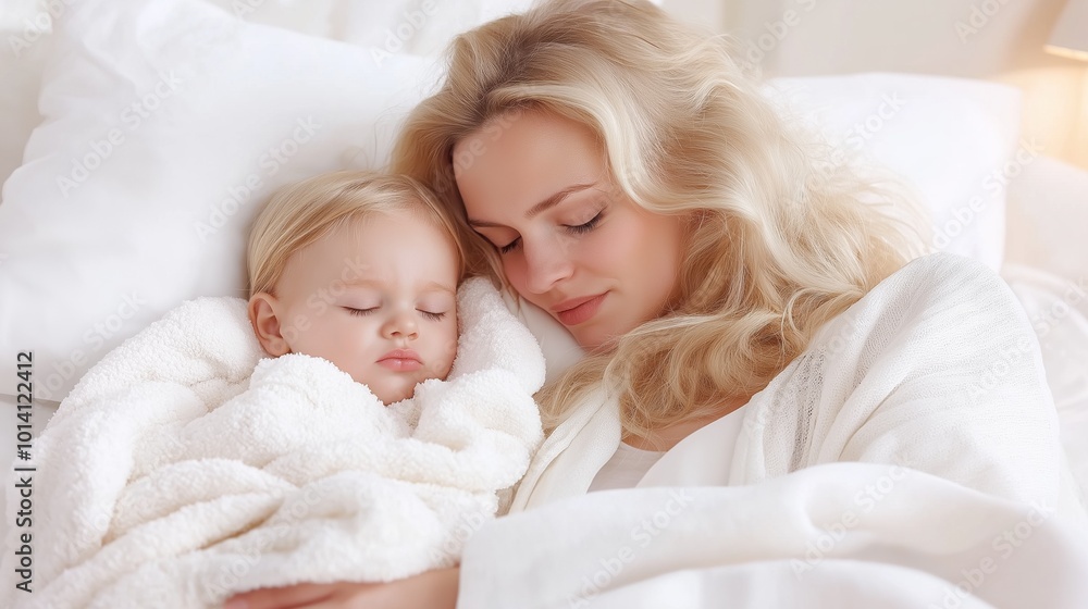 Comforting mother and child sleeping peacefully at night Comforting mother and child sleeping peacefully at night