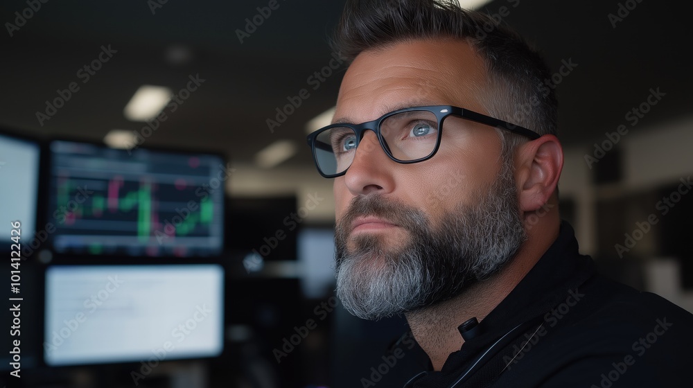 Trader analyzing global market indexes on monitors in office setting Trader analyzing global market indexes on monitors in office setting