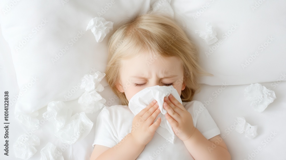 Sick child resting in bed with tissues - cold and flu season Sick child resting in bed with tissues - cold and flu season