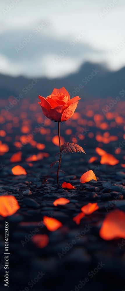 Obraz premium Single red rose amidst a field of orange petals.