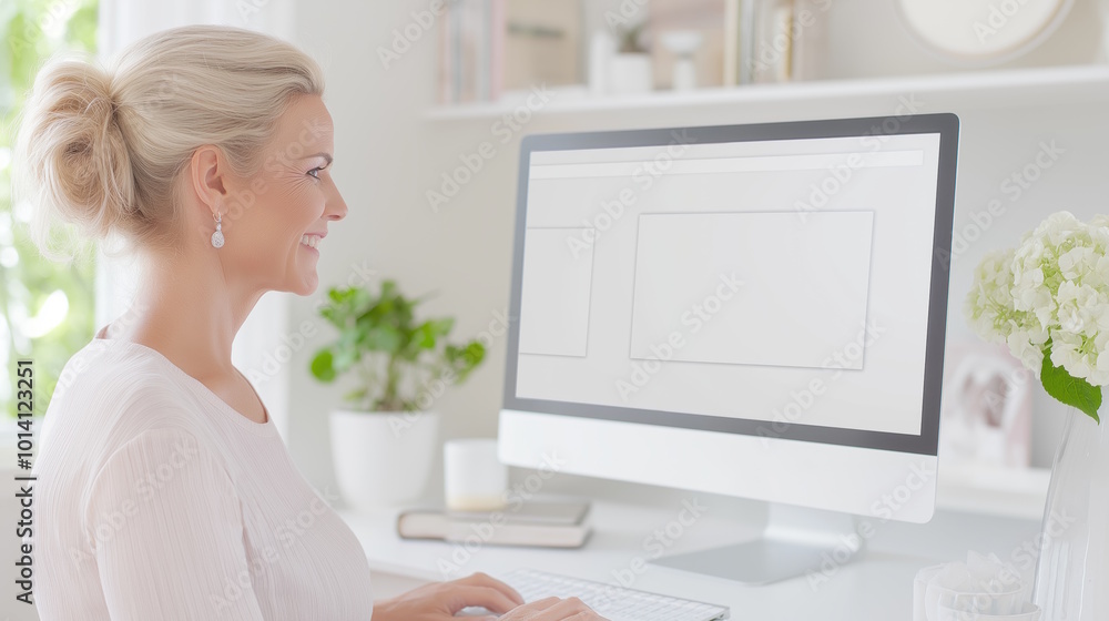 Professional workspace: woman working at a modern computer desk in a bright office setting Professional workspace: woman working at a modern computer desk in a bright office setting