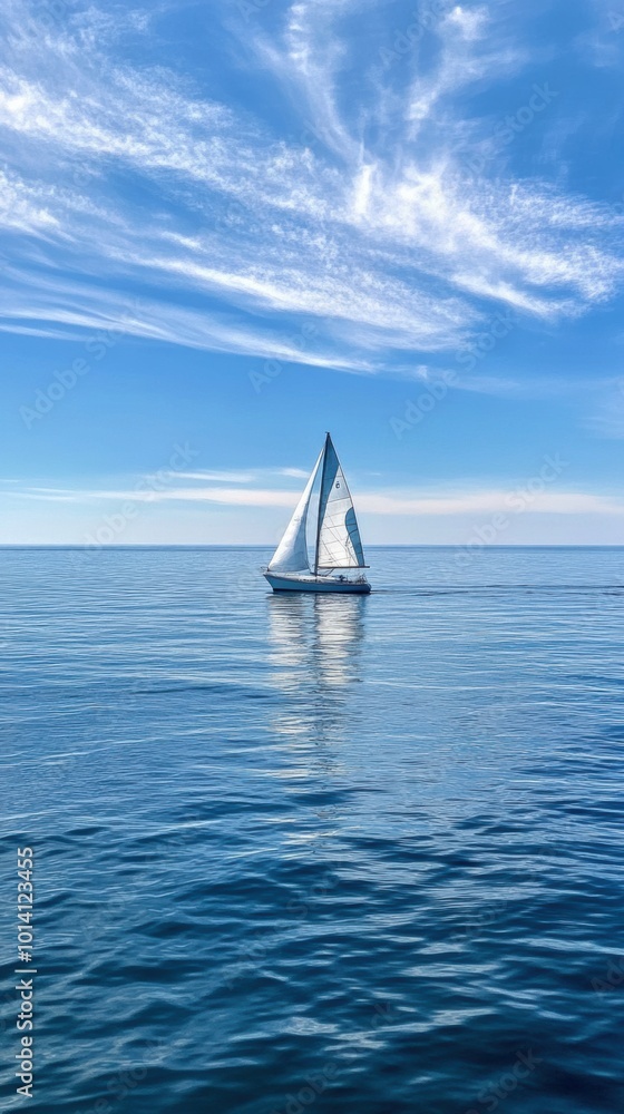 Obraz premium Serene Sailboat on Expansive Waters, tranquil scene featuring open water and a distant sailboat, minimalist composition evokes calmness and solitude