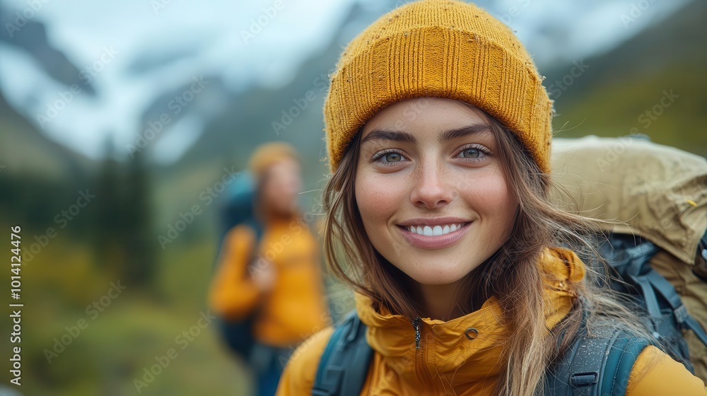 smiling woman hiker looking at the camera surrounded by friends at the top of a hill showcasing camaraderie and achievement in a breathtaking natural landscape filled with joy and adventure smiling woman hiker looking at the camera surrounded by friends at the top of a hill showcasing camaraderie and achievement in a breathtaking natural landscape filled with joy and adventure