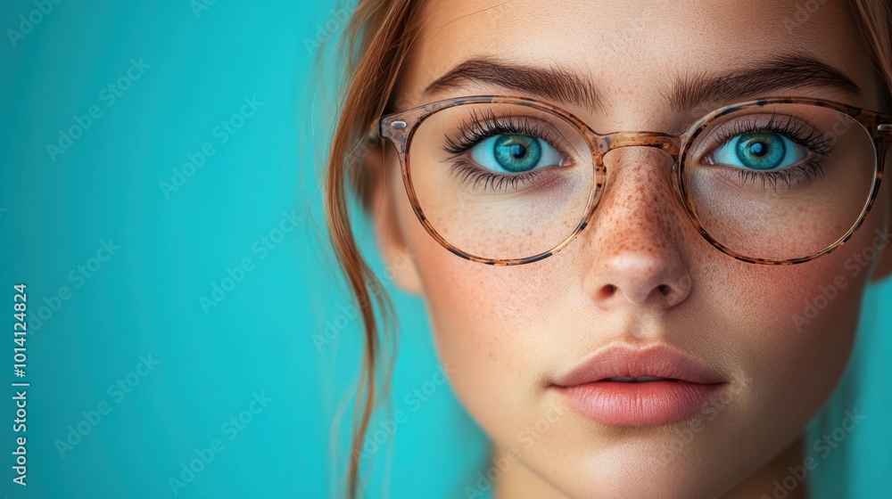 Glasses wearing woman poses by blue backdrop Glasses wearing woman poses by blue backdrop