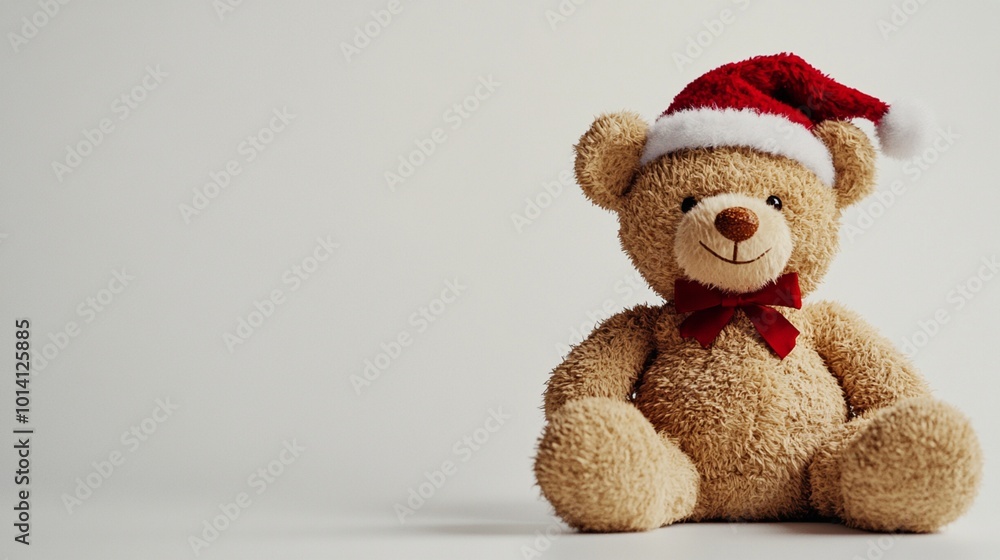 Festive teddy bear wearing a Santa hat and red bow, sitting against a plain background - a charming symbol of Christmas cheer and childhood nostalgia. Festive teddy bear wearing a Santa hat and red bow, sitting against a plain background - a charming symbol of Christmas cheer and childhood nostalgia.