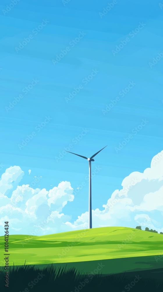 Fototapeta premium Solitary Windmill on Expansive Grassy Plains, a minimalist landscape showcasing simplicity and tranquility in nature's vastness.