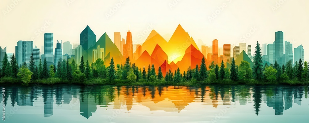 Vibrant city skyline with colorful mountains and reflective water, creating a stunning view of nature and urban life. Vibrant city skyline with colorful mountains and reflective water, creating a stunning view of nature and urban life.