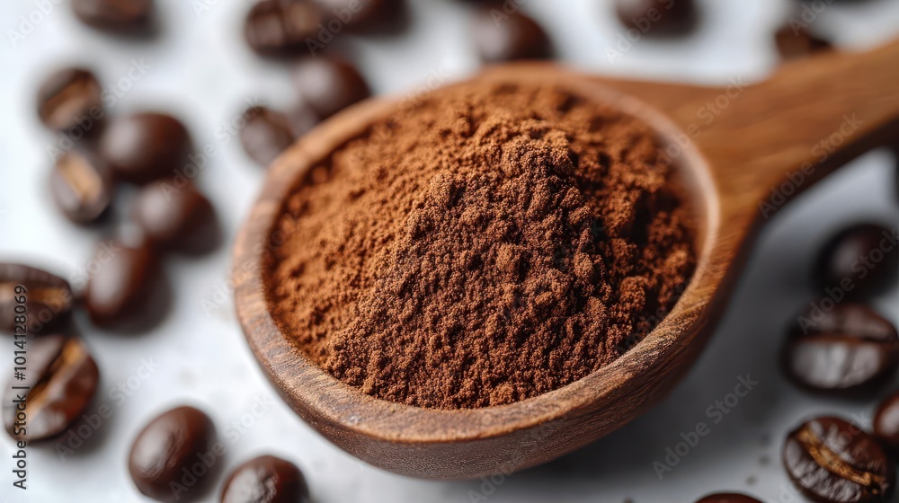 top view of instant coffee powder and beans in a wooden spoon against a white background highlighting the richness and flavor of coffee in a minimalistic style top view of instant coffee powder and beans in a wooden spoon against a white background highlighting the richness and flavor of coffee in a minimalistic style
