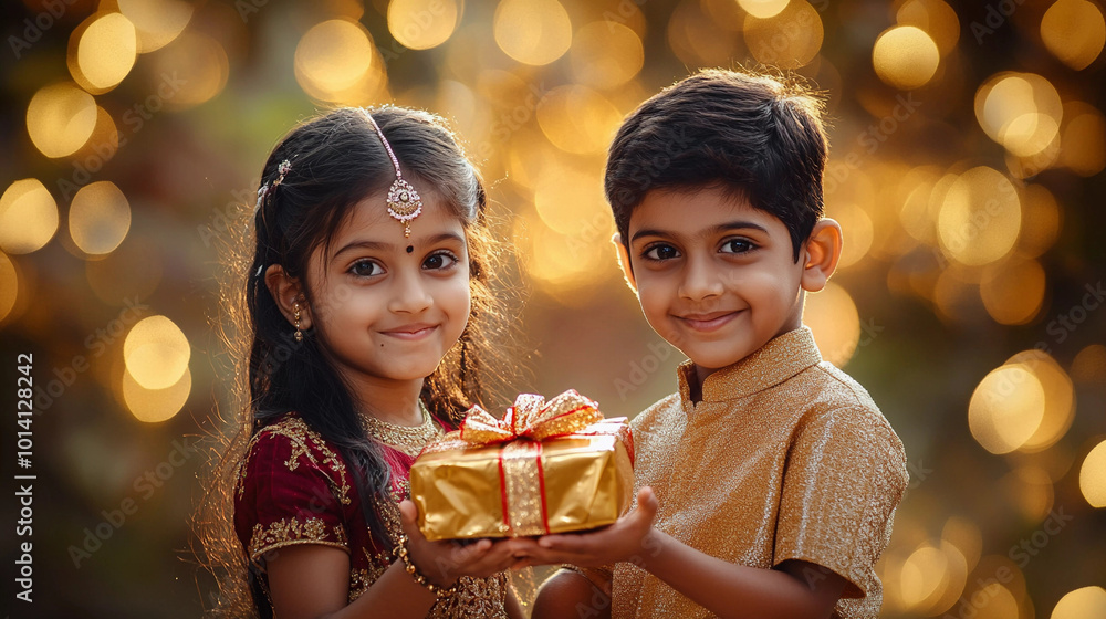 Little brother giving surprise box to sister at raksha bandhan festival Little brother giving surprise box to sister at raksha bandhan festival