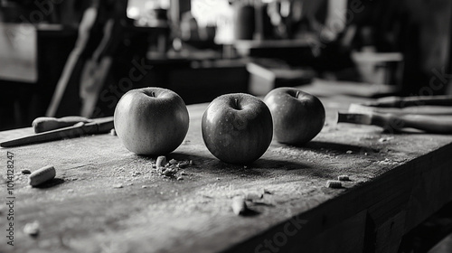 close-up of a carpenter's workbench in a woodshop: caramel apples in focus, surrounded by tools and sawdust, rustic black and white scene photo