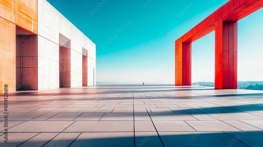 © Andrii - Vibrant architectural contrast: sleek white building meets bold red structure on expansive terrace overlooking serene horizon, creating striking visual harmony. © Andrii - Vibrant architectural contrast: sleek white building meets bold red structure on expansive terrace overlooking serene horizon, creating striking visual harmony.