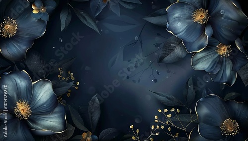 Fototapeta Naklejka Na Ścianę i Meble -  3d wallpaper, navy blue and gold flowers background for wall painting, dark