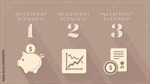 Modern classic investment concept, 3 scenarios, finance, education, investor theme, wealth - tonal series, graphics for business presentations, brochures, web. Vector shadows, bank, stocks, bonds