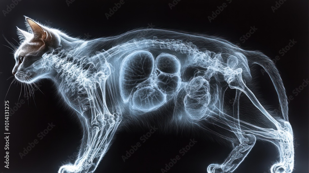 X-ray image of a cat showcasing its skeletal structure. X-ray image of a cat showcasing its skeletal structure.