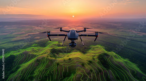 An image of a UAV with a LiDAR sensor in action, flying over a rugged landscape with 3D topographic visuals overlayed