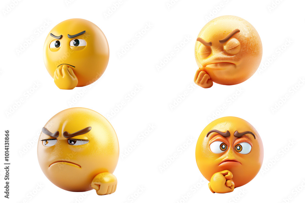 Fototapeta premium Four 3D yellow emoticons with different facial expressions. They have furrowed brows, closed eyes, and clenched fists. The emoticons are isolated on a black background. Generative ai