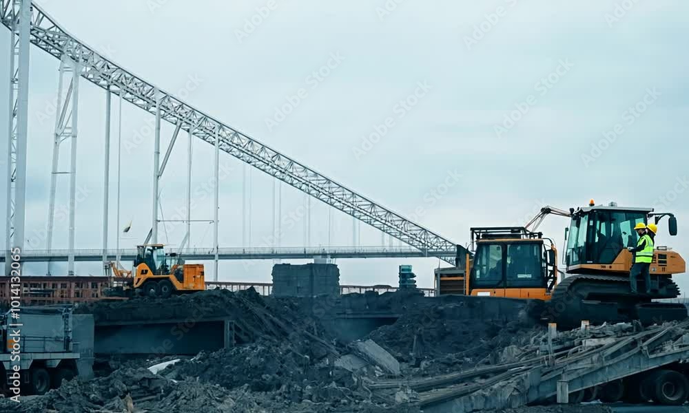 bridge over the river, excavator at work in the site bridge over the river, excavator at work in the site