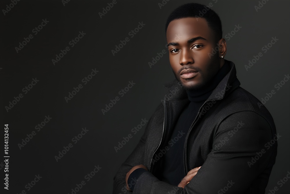 Confident African American Man in Black Turtleneck and Jacket Posing Against a Studio Background, Freelance, Business, Marketing, Finance, Employees Confident African American Man in Black Turtleneck and Jacket Posing Against a Studio Background, Freelance, Business, Marketing, Finance, Employees