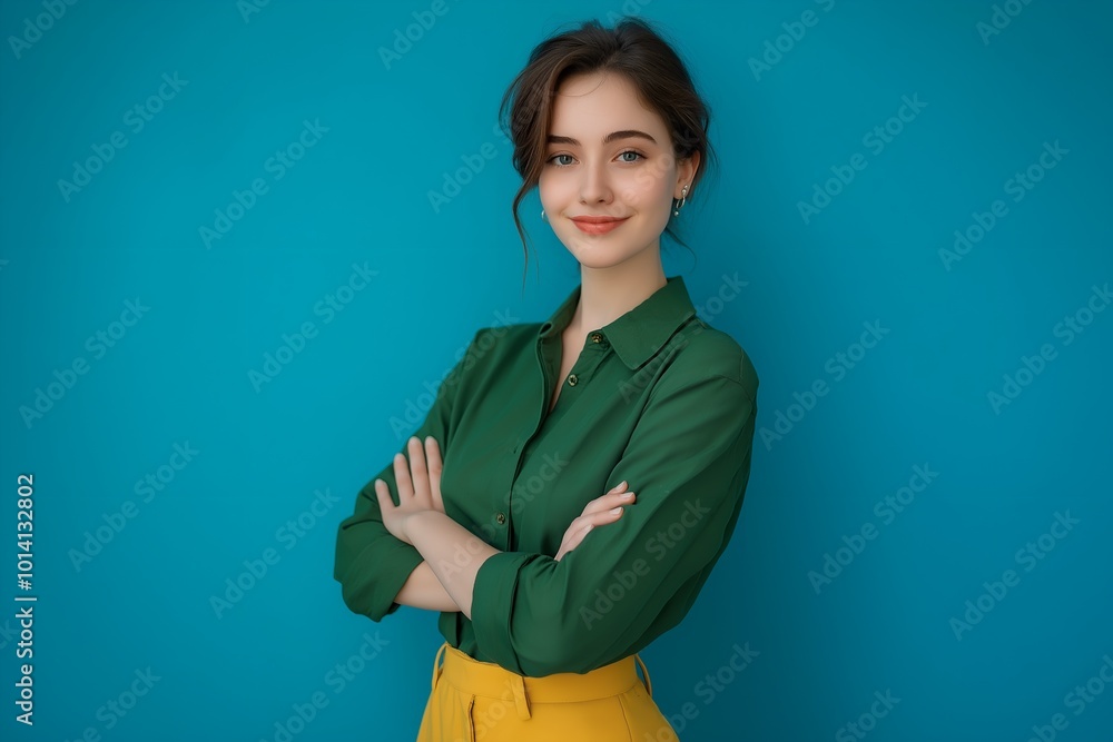 Business Lady Short Hairstyle Friendly Smiling Responsible Person Arms Crossed Wear Casual Green Shirt Yellow Pants Isolated Blue Color Background, Freelance, Business, Marketing, Finance Business Lady Short Hairstyle Friendly Smiling Responsible Person Arms Crossed Wear Casual Green Shirt Yellow Pants Isolated Blue Color Background, Freelance, Business, Marketing, Finance