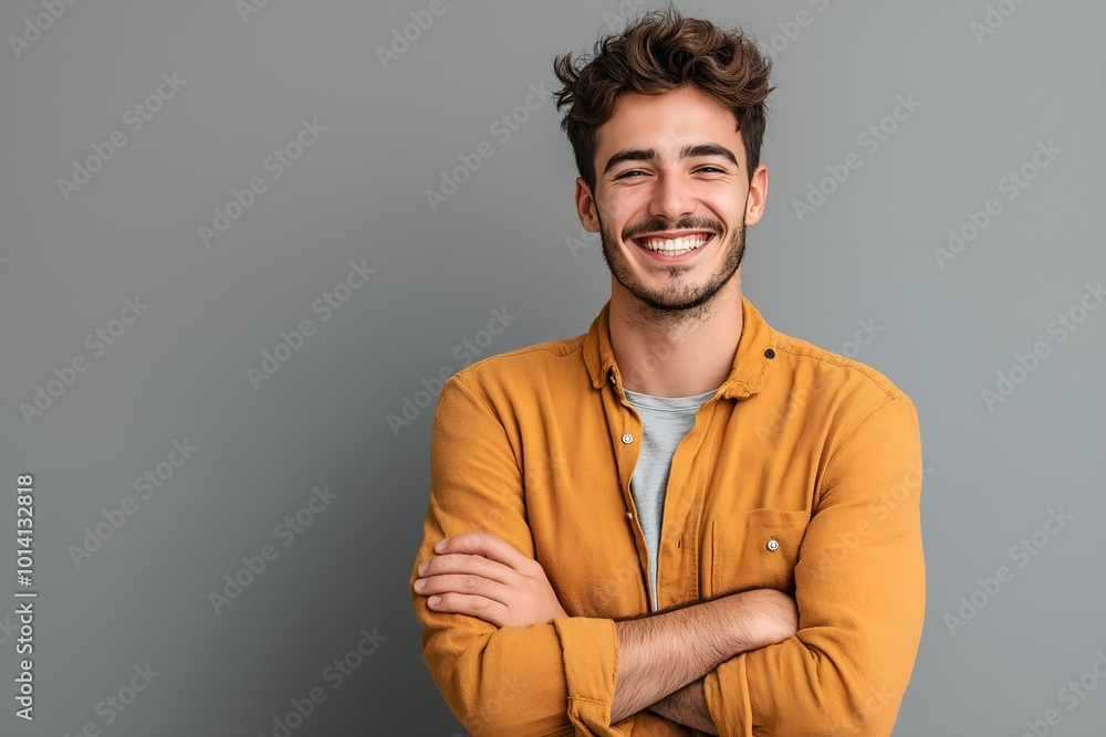 Portrait of Handsome Smiling Young Man With Folded Arms, Isolated on Gray Background, Freelance, Business, Marketing, Finance, Employees Portrait of Handsome Smiling Young Man With Folded Arms, Isolated on Gray Background, Freelance, Business, Marketing, Finance, Employees