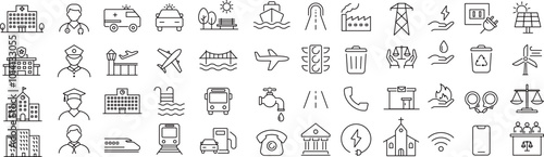 ベクターでモノクロの公共サービスに関する線画アイコンセット