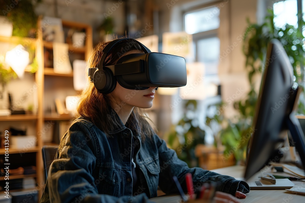 A Person Working Remotely From a Virtual Reality Environment, Wearing Vr Goggles, With Digital Tools and a 3d Workspace Surrounding Them, Freelance, Business, Marketing, Finance, Employees A Person Working Remotely From a Virtual Reality Environment, Wearing Vr Goggles, With Digital Tools and a 3d Workspace Surrounding Them, Freelance, Business, Marketing, Finance, Employees