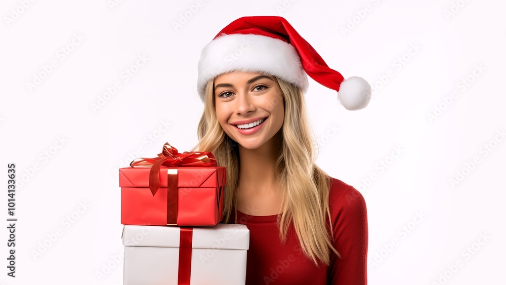 Copy-space for text. Girl in Christmas red Santa hat. Christmas and New Year holiday concept. White background with space for text. Image for advertising Christmas products. Generate AI. Copy-space for text. Girl in Christmas red Santa hat. Christmas and New Year holiday concept. White background with space for text. Image for advertising Christmas products. Generate AI.