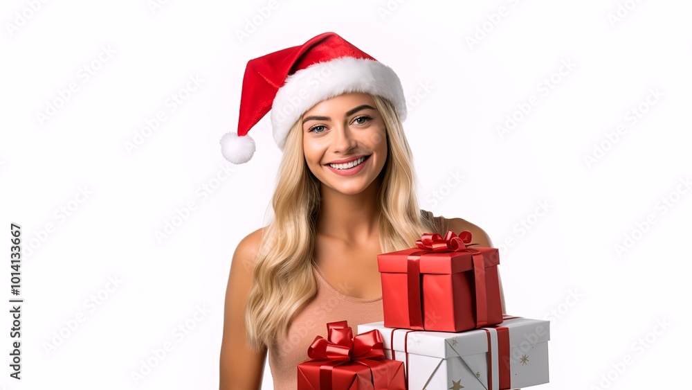 Copy-space for text. Girl in Christmas red Santa hat. Christmas and New Year holiday concept. White background with space for text. Image for advertising Christmas products. Generate AI. Copy-space for text. Girl in Christmas red Santa hat. Christmas and New Year holiday concept. White background with space for text. Image for advertising Christmas products. Generate AI.