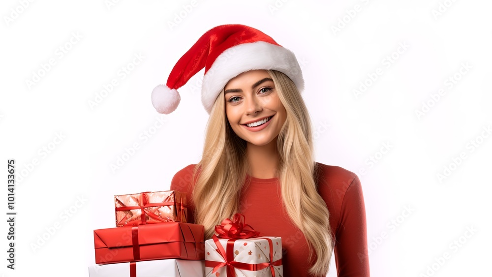 Copy-space for text. Girl in Christmas red Santa hat. Christmas and New Year holiday concept. White background with space for text. Image for advertising Christmas products. Generate AI. Copy-space for text. Girl in Christmas red Santa hat. Christmas and New Year holiday concept. White background with space for text. Image for advertising Christmas products. Generate AI.