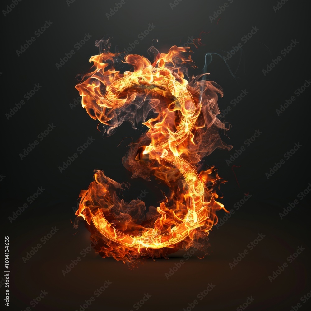Fototapeta premium Number 3. Fire flames on black isolated background. Part of number set.