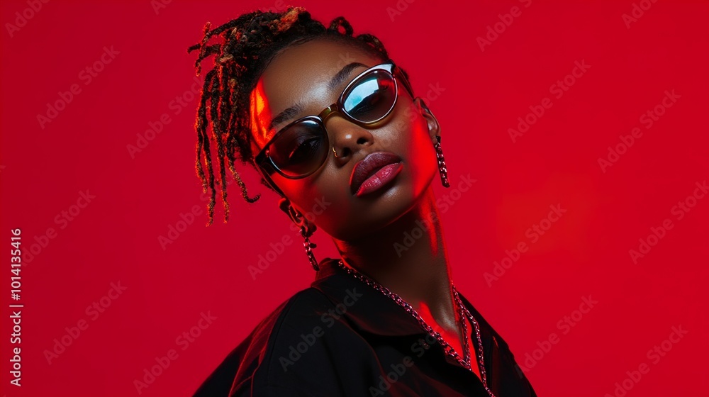 Stylish Woman in Sunglasses Posing Against Red Background Stylish Woman in Sunglasses Posing Against Red Background