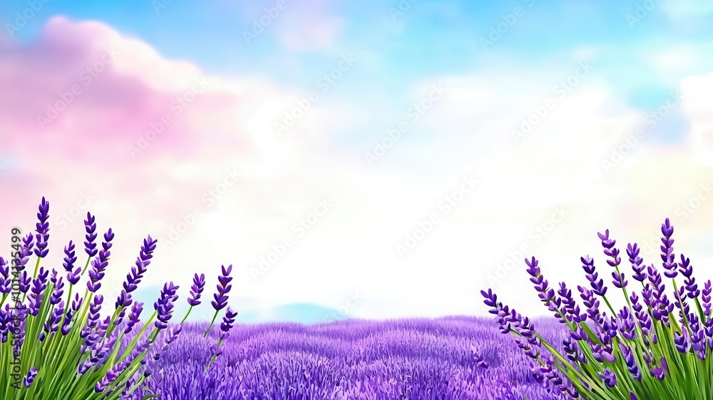 Fototapeta premium Dreamy lavender field, soft breeze, pastel sky, peaceful mood, watercolor style