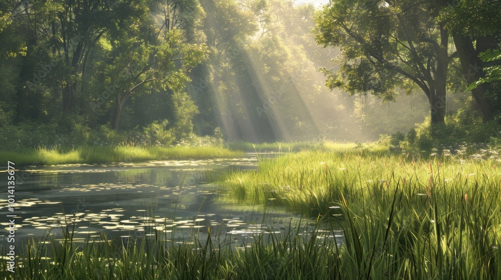 Fototapeta premium Serene Nature Scene with Sunlight and Calm Water