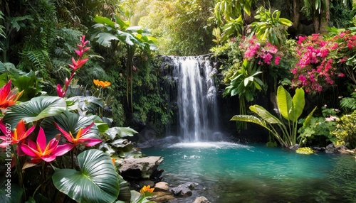 A Vibrant Tropical Rainforest Waterfall Cascading Into a Deep Pool, Surrounded by Exotic Plants and Bright Flowers, Captured in Midday Sunlight for a Stunning Nature Scene