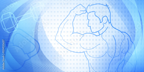 Blue fitness themed background. Stylized illustration of a muscular man flexing his bicep, with abstract background that suggests motion or speed.