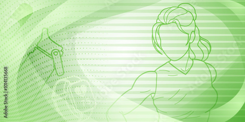 Green fitness themed background. Stylized, abstract design, including a silhouette of a woman, heart rate monitor and a sports water bottle.