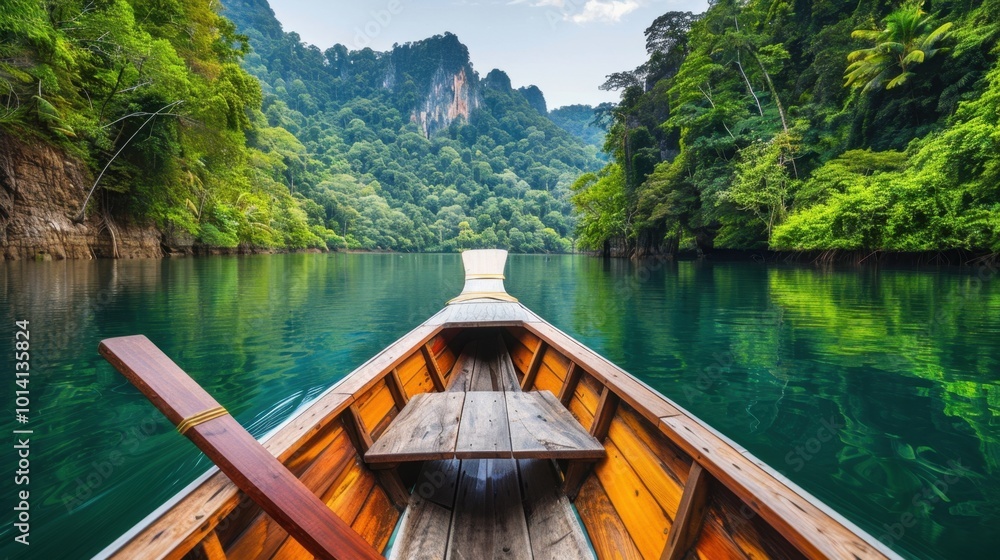 Serene Boat in Lush Green Jungle Landscape Serene Boat in Lush Green Jungle Landscape