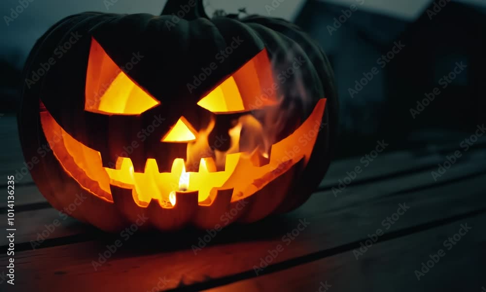Pumpkin with a scary face is sitting on a wooden bench. The pumpkin is lit up, creating a spooky atmosphere. The bench is located in a yard, surrounded by trees. hyperrealistic Video Pumpkin with a scary face is sitting on a wooden bench. The pumpkin is lit up, creating a spooky atmosphere. The bench is located in a yard, surrounded by trees. hyperrealistic Video