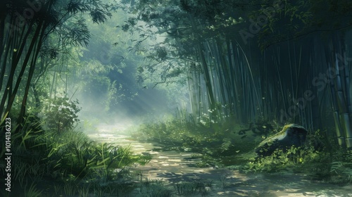 Serene Bamboo Forest Path with Gentle Light