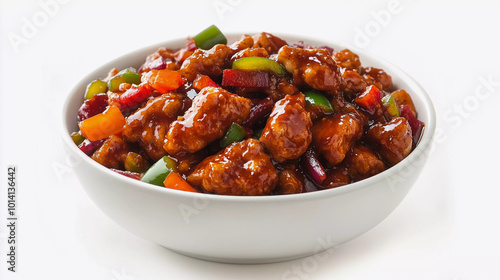 Dry chilli chicken in bowl isolated on white background