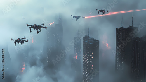 Generative AI, Futuristic Drone Fleet Over Dystopian Skyscrapers photo