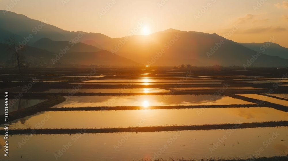Serene Sunset Over Rice Fields in Tranquil Landscape Serene Sunset Over Rice Fields in Tranquil Landscape