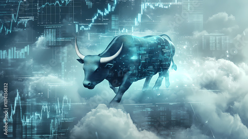 Generative AI, Rising Market Power: Bull Charges Upward with Ascending Stock Tickers photo