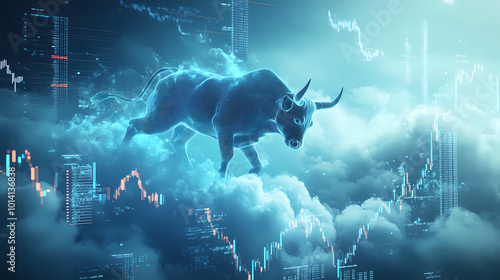 Generative AI, Bullish Surge: A Stock Market Bull Soars Through the Clouds photo