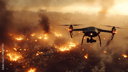 Generative AI, High-Tech Drone Hovering Over Battlefield: Glowing Sensors and War Chaos photo