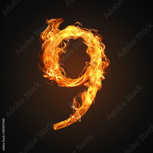 Number 9. Fire flames on black isolated background. Part of number set.