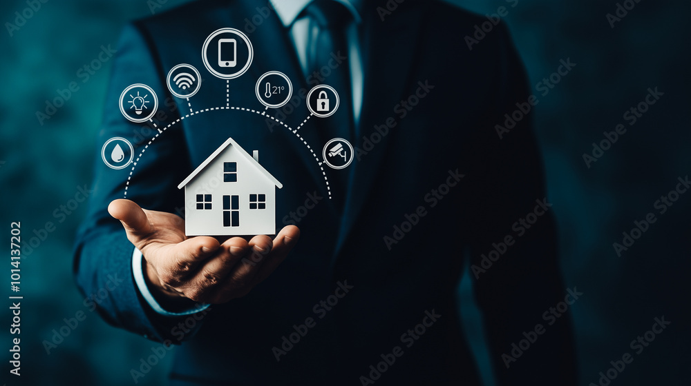 Innovative businessman presenting a smart home concept; holographic display with icons for seamless house automation and connectivity. Innovative businessman presenting a smart home concept; holographic display with icons for seamless house automation and connectivity.