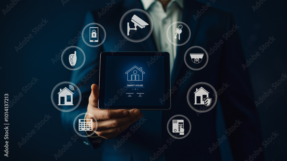 Fototapeta premium Business professional managing smart home systems; holding a tablet displaying icons for various household functions.