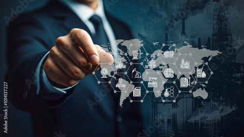  Global executive analyzing motor oil market trends; world map interface with connectivity icons highlighting key industry sectors.